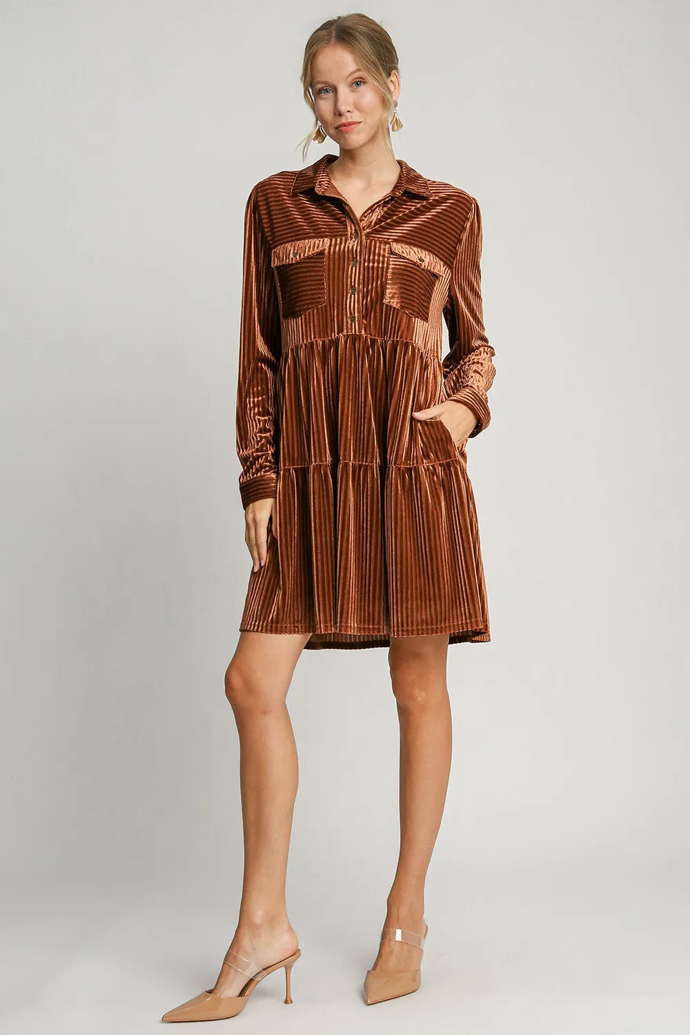 Image of Umgee Texture Tiered Collared Long Sleeve Dress | Queeble.shop