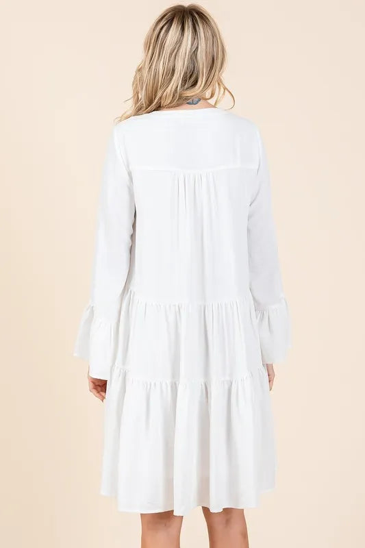 Image of Mittoshop Tiered Notched Flare Sleeve Dress | Queeble.shop