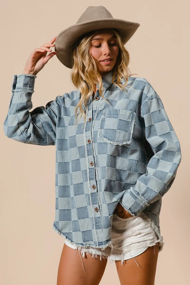 Image of BiBi Frayed Edged Detail Washed Checker Denim Shirt | Queeble.shop