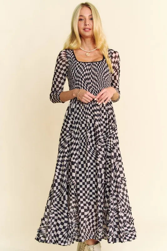 Image of Davi & Dani Printed Checker Mesh Flowy Maxi Dress | Queeble.shop