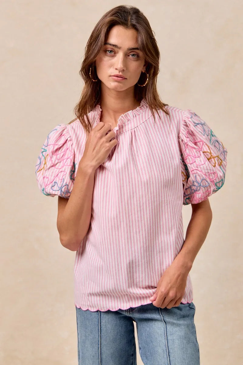 Image of BiBi Embroidery Bubble Sleeve Top With Bottom Scallop Detail | Queeble.shop