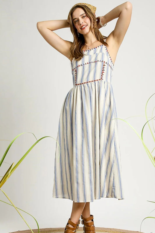 Image of Umgee Striped Colorful Embroidered Trim Cami Dress | Queeble.shop