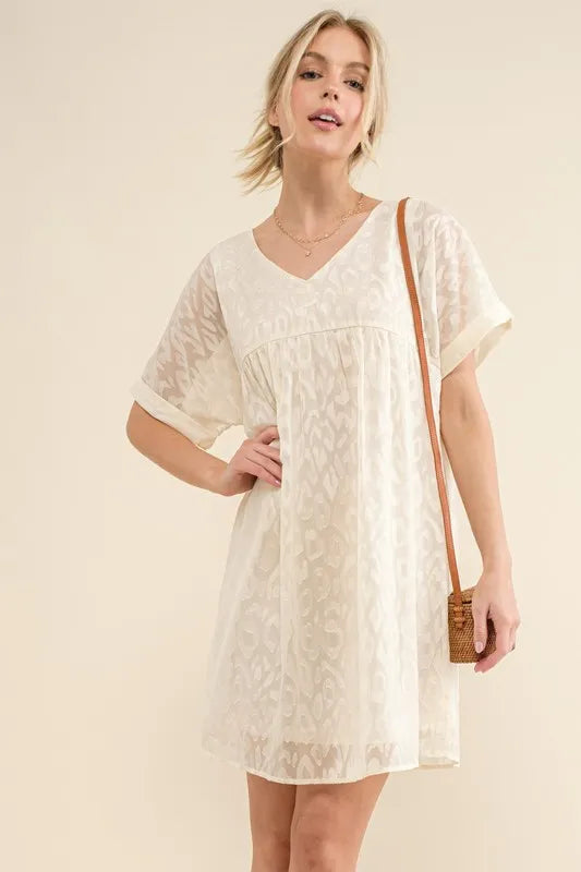 Image of And The Why Woven Leopard Baby Doll Roll-Sleeve Casual Dress | Queeble.shop