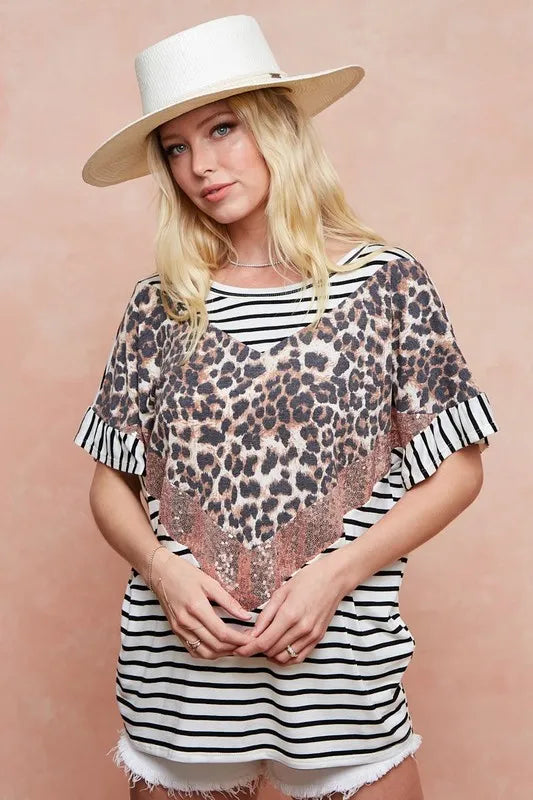Image of BiBi Stripe Rayon Span Knit Color Block Top With Leopard | Queeble.shop