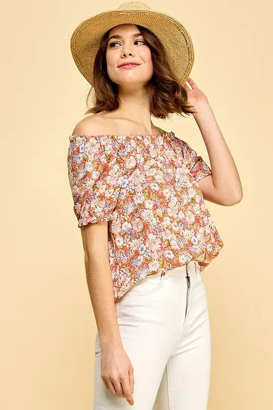 Image of Lime 'N' Chili Floral Print Short Sleeve Off-The-Shoulder Blouse | Queeble.shop