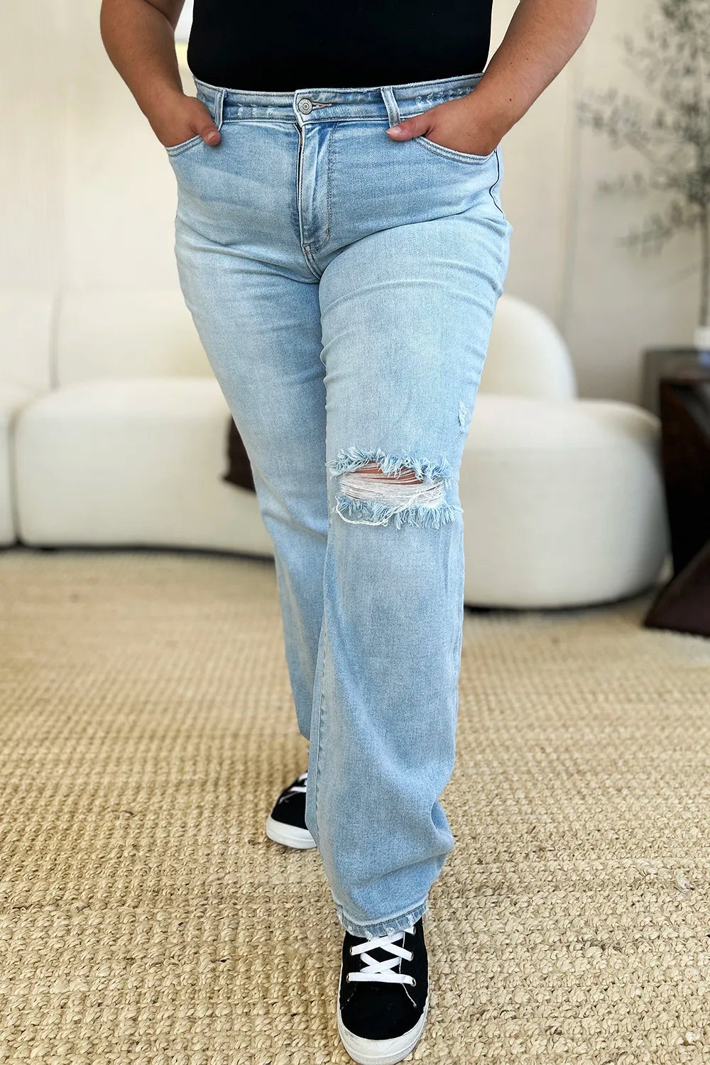 Image of Judy Blue Full Size High Waist Distressed Straight Jeans | Queeble.shop