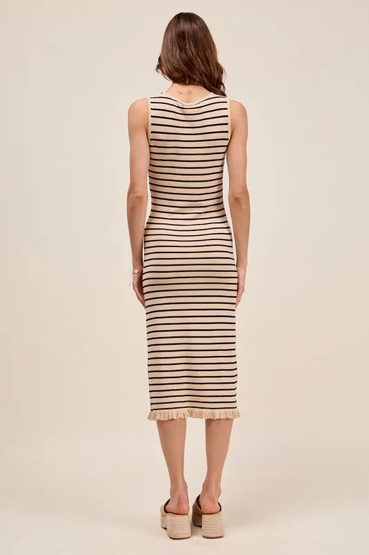 Image of SO ME Stripe Sleeveless Sweater Knit Maxi Dress With Ruffled Hem | Queeble.shop