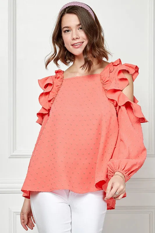 Image of Lime 'N' Chili Ruffle Trim Cold Shoulder Swiss Dot Blouse | Queeble.shop