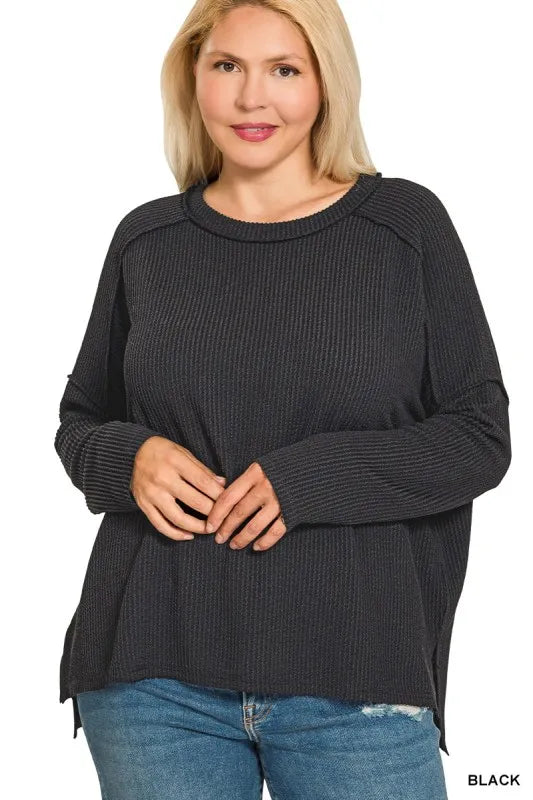 Image of Zenana Full Size Exposed Seam Long Sleeve Corded Rib Knit Top Plus Size | Queeble.shop