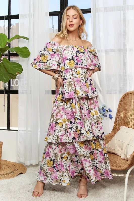 Image of ADORA Layered Floral Off-Shoulder Short Sleeve Maxi Dress | Queeble.shop