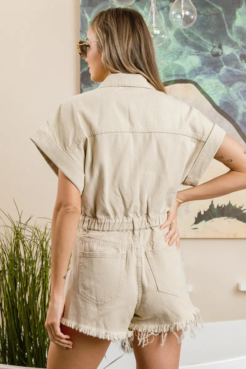 Image of BiBi Distressed Detail Washed Elastic Waistband Romper | Queeble.shop