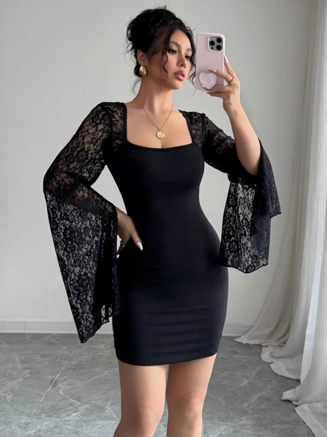 Image of Square Neck Lace Bell Sleeve Bodycon Dress | Queeble.shop
