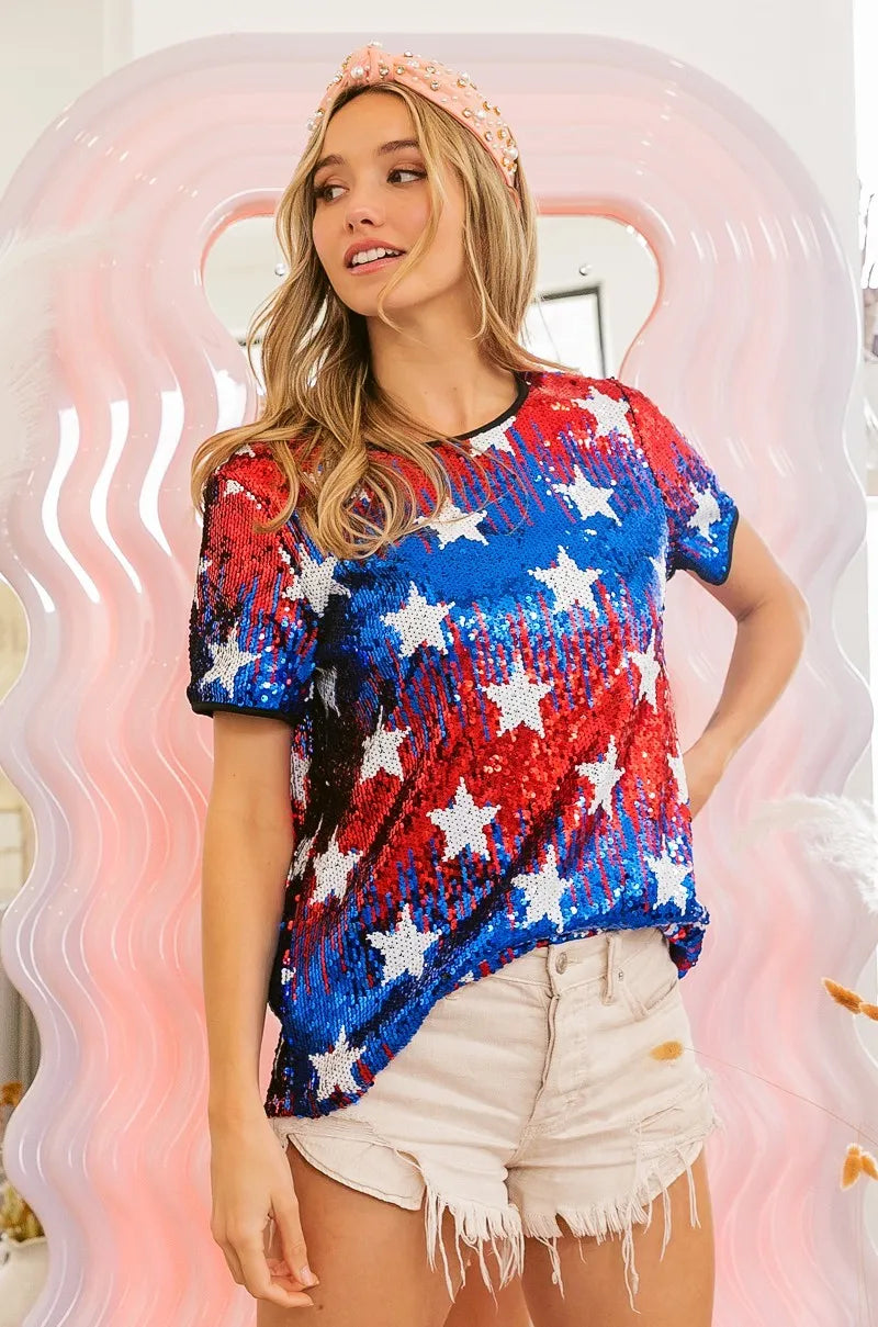 Image of BiBi American Theme Star Pattern Sequin Top | Queeble.shop