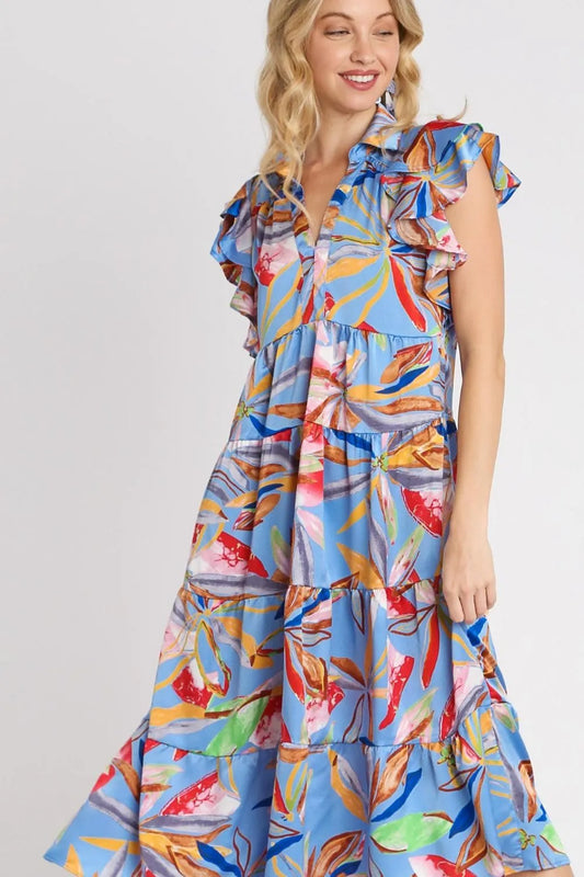 Image of Umgee Full Size Leaf Print Double Layered Ruffle Sleeve Tiered Midi Dress Plus Size | Queeble.shop