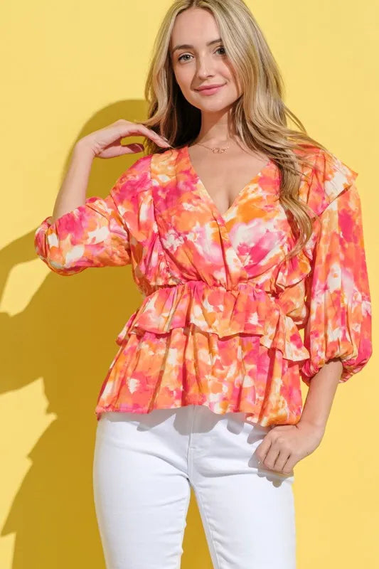 Image of And The Why Ruffled Printed Puff Sleeve Blouse | Queeble.shop