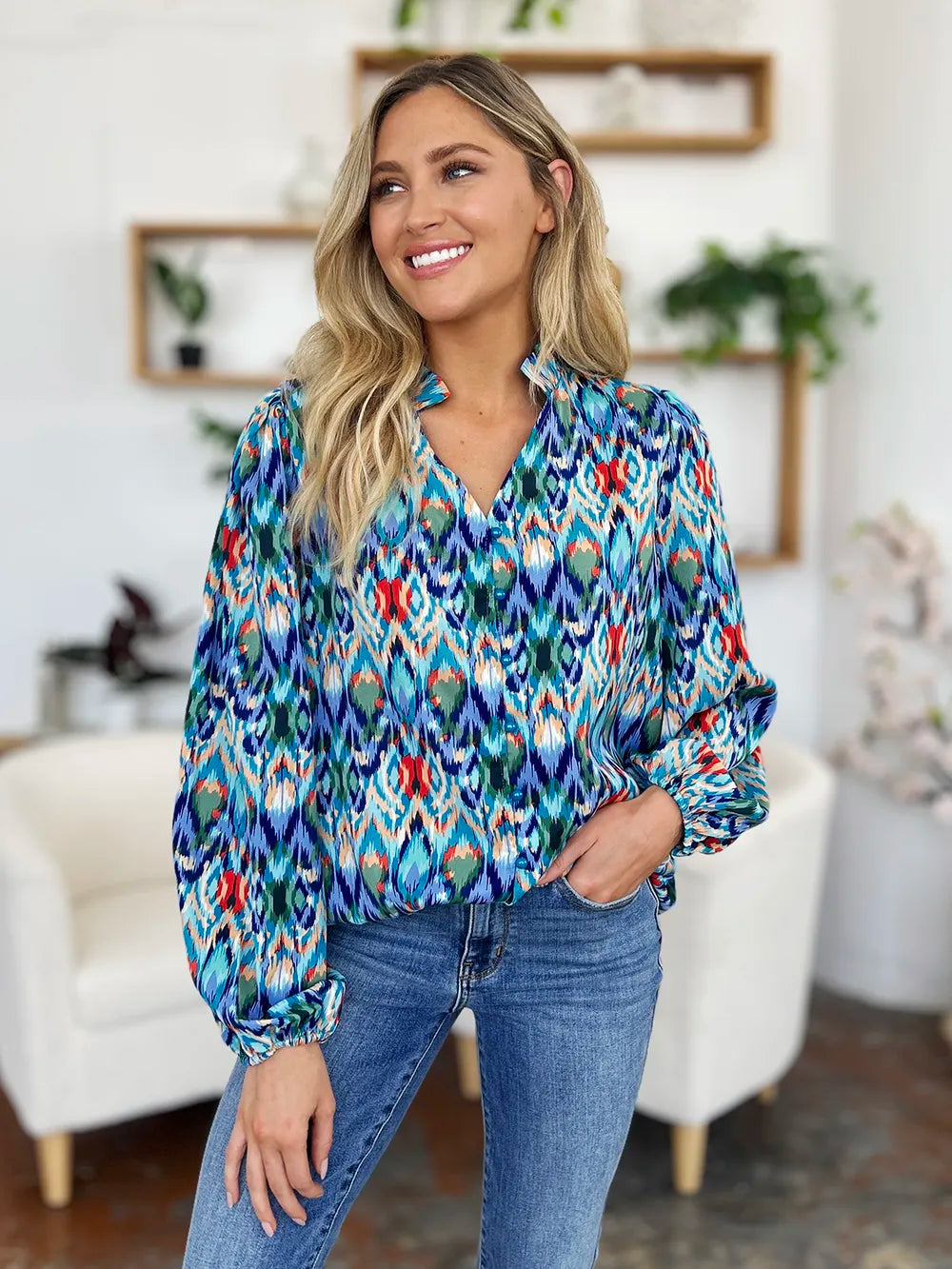 Image of Double Take Full Size Printed Balloon Sleeve Blouse | Queeble.shop
