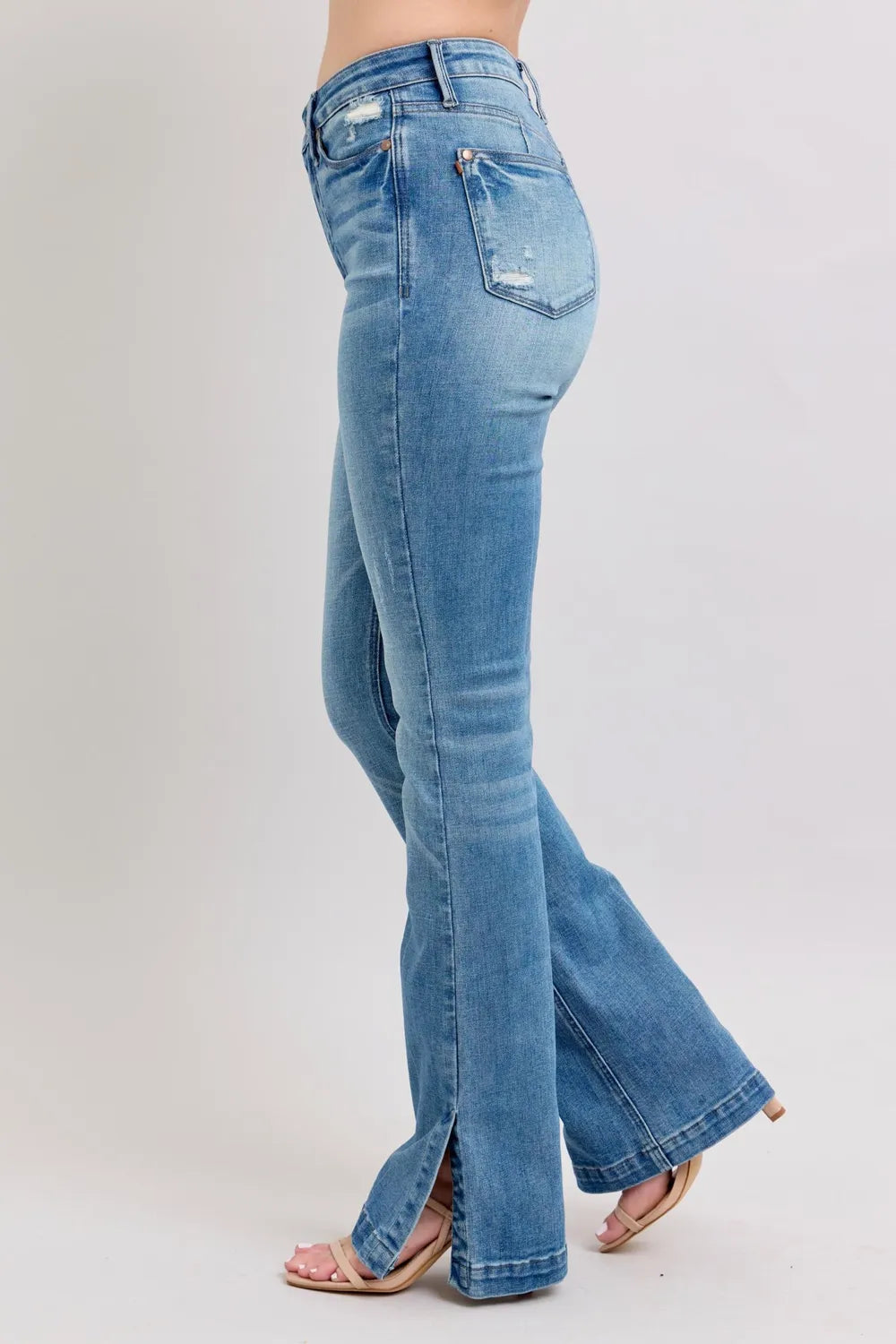 Image of Judy Blue HW Tummy Control Vintage Wash Side Slit Slim Boot Jeans | Queeble.shop