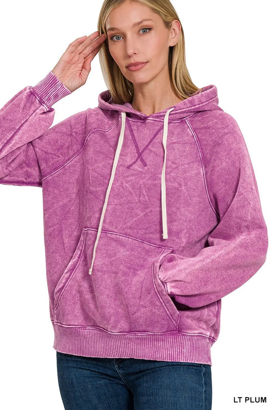Image of Zenana Acid Wash Fleece Hoodie with Kangaroo Pocket | Queeble.shop