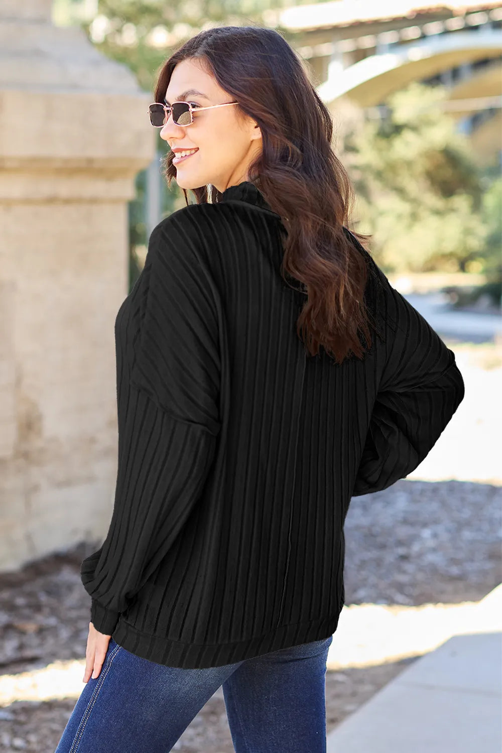 Image of Basic Bae Full Size Ribbed Exposed Seam Mock Neck Knit Top | Queeble.shop