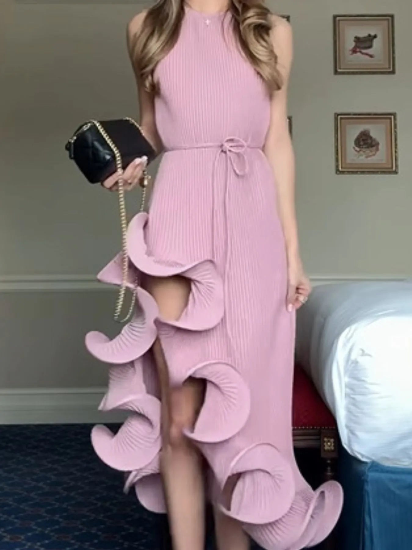 Image of Ruffle Hem Ribbed Sleeveless Dress | Queeble.shop