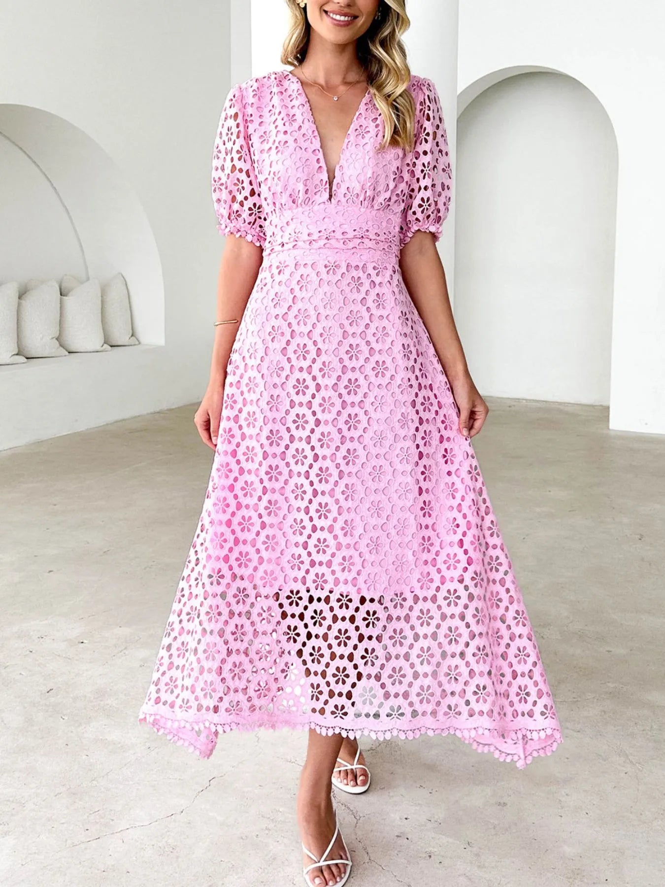 Image of Eyelet Lace V-Neck Midi Dress with Puff Sleeves | Queeble.shop