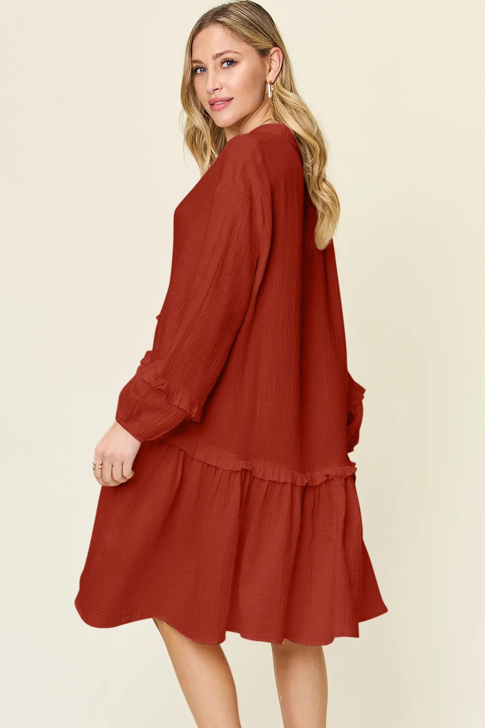 Image of Double Take Full Size Texture Half Button Ruffle Trim Dress | Queeble.shop