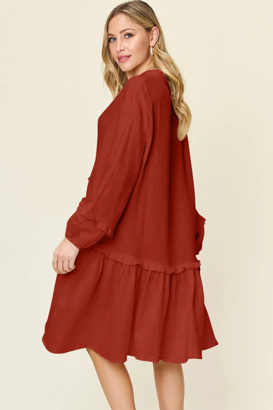 Image of Double Take Full Size Texture Half Button Ruffle Trim Dress | Queeble.shop