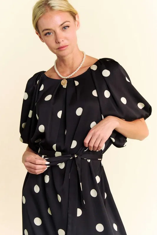 Image of Davi & Dani Polka Dot Puff Sleeves Waist Tie Midi Dress | Queeble.shop
