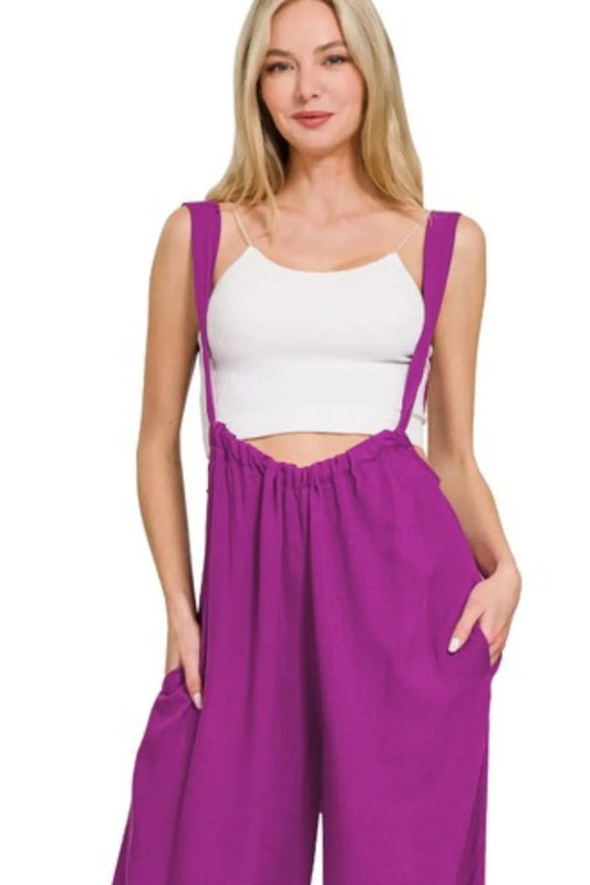 Image of Zenana Woven Tie Back Suspender Jumpsuit | Queeble.shop