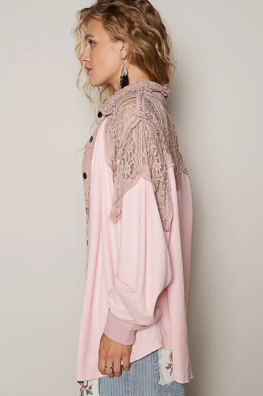 Image of POL Lace Patchwork Button Up Shacket | Queeble.shop