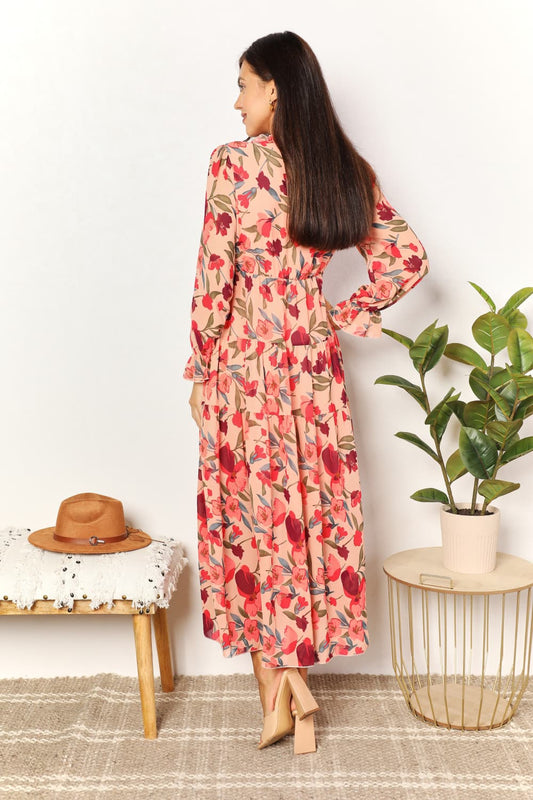 Image of Double Take Floral Frill Trim Flounce Sleeve Plunge Maxi Dress | Queeble.shop
