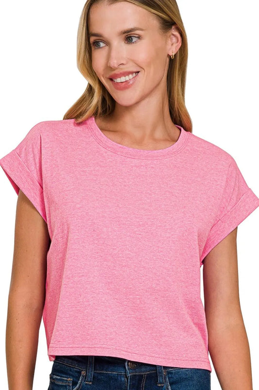 Image of Zenana Rolled Sleeve Crop T-Shirt | Queeble.shop