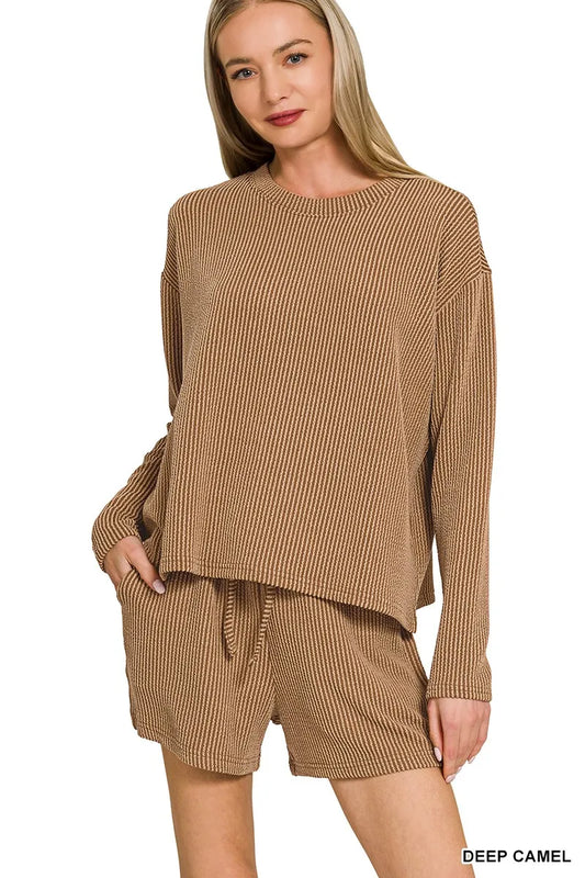 Image of Zenana Corded Rib Long Sleeve Tee and Shorts Set | Queeble.shop
