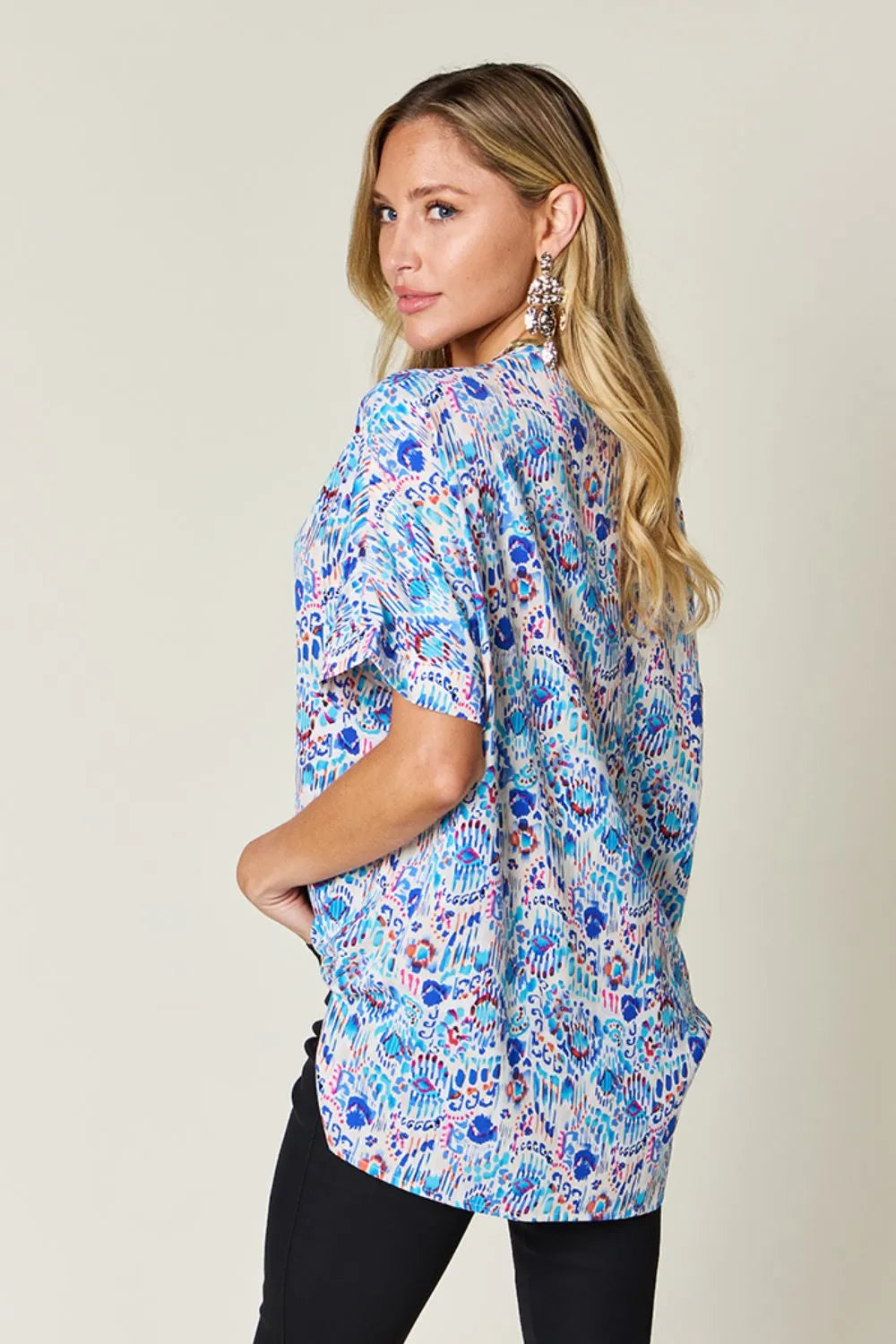 Image of Double Take Full Size Printed V-Neck Short Sleeve Blouse | Queeble.shop