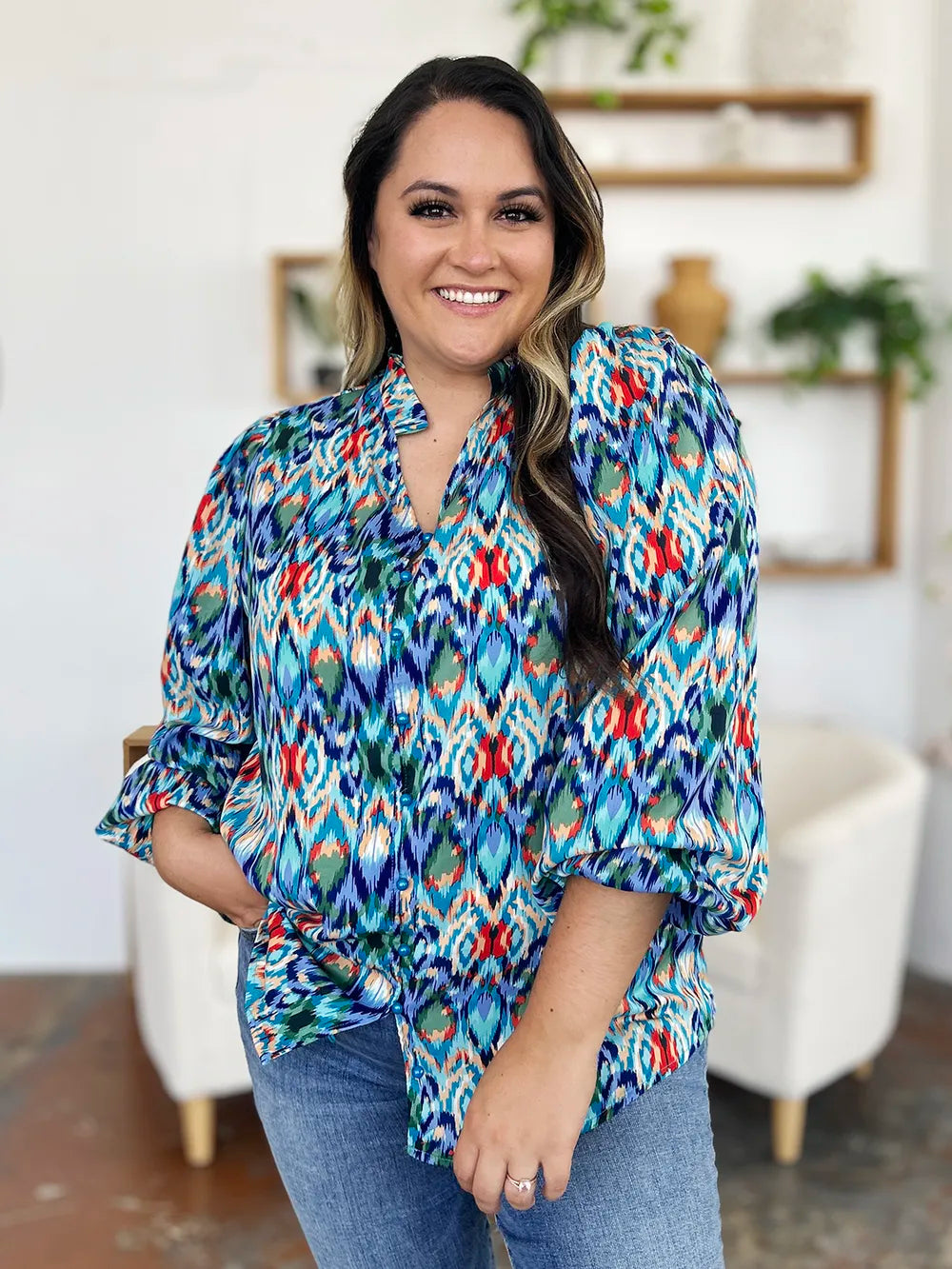 Image of Double Take Full Size Printed Balloon Sleeve Blouse | Queeble.shop