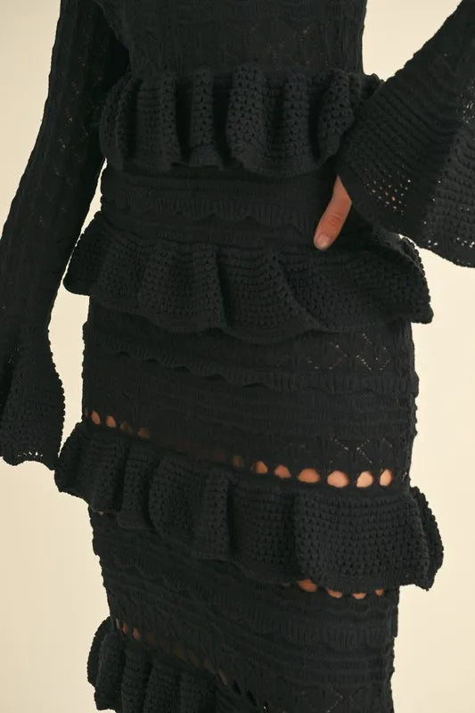 Image of MABLE Long Sleeve Tiered Ruffle Knit Midi Dress | Queeble.shop