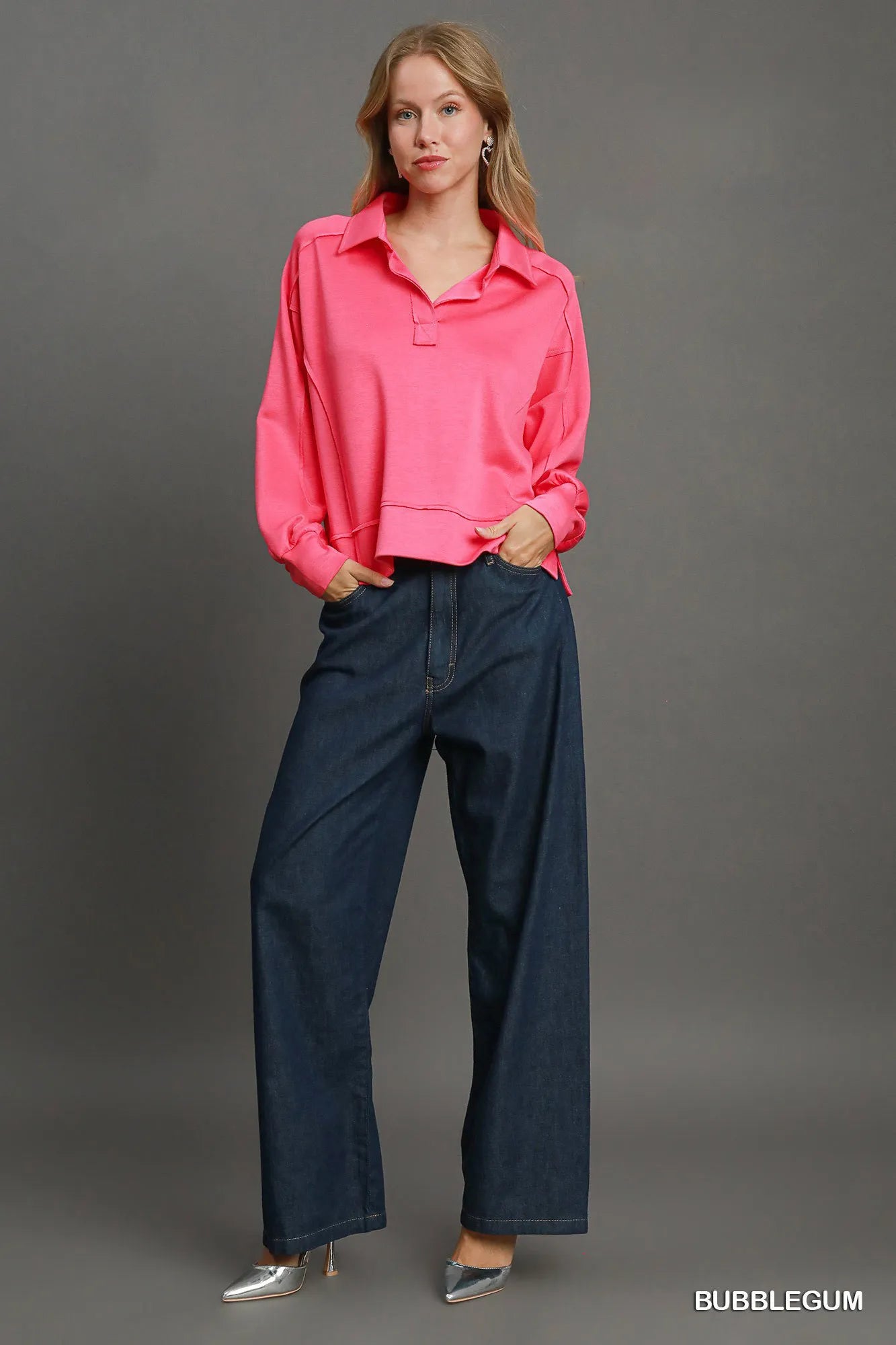Image of Umgee Exposed Seam Long Sleeve Polo Top with Side Slit | Queeble.shop