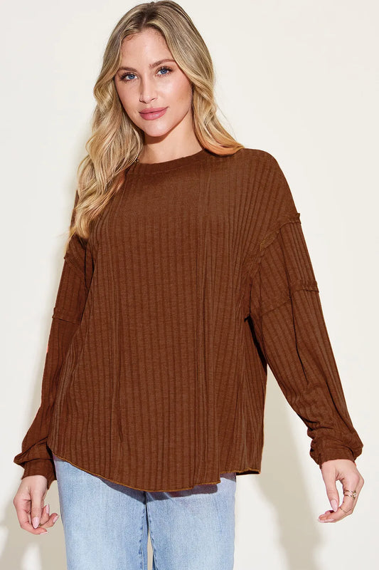 Image of Basic Bae Full Size Ribbed Round Neck Long Sleeve T-Shirt | Queeble.shop