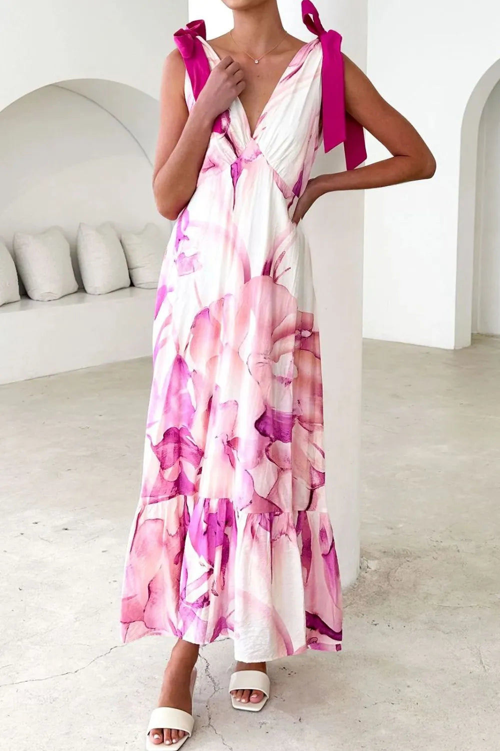 Image of Printed V-Neck Tie Shoulder Midi Cami Dress | Queeble.shop