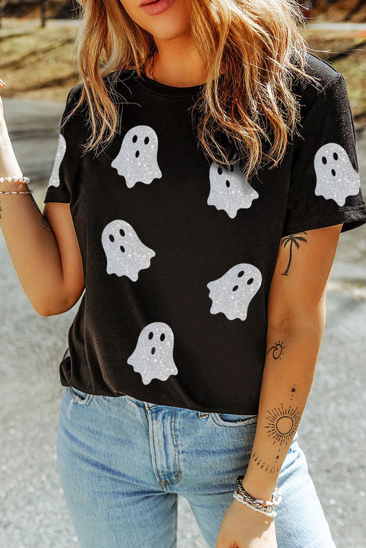 Image of Glitter Ghost Round Neck Short Sleeve T-Shirt | Queeble.shop