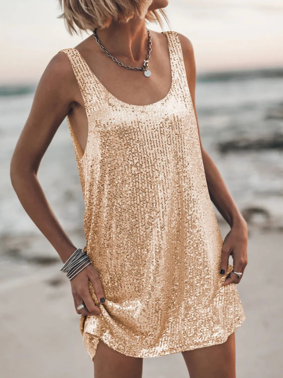 Image of Sequin Scoop Neck Mini Dress | Queeble.shop