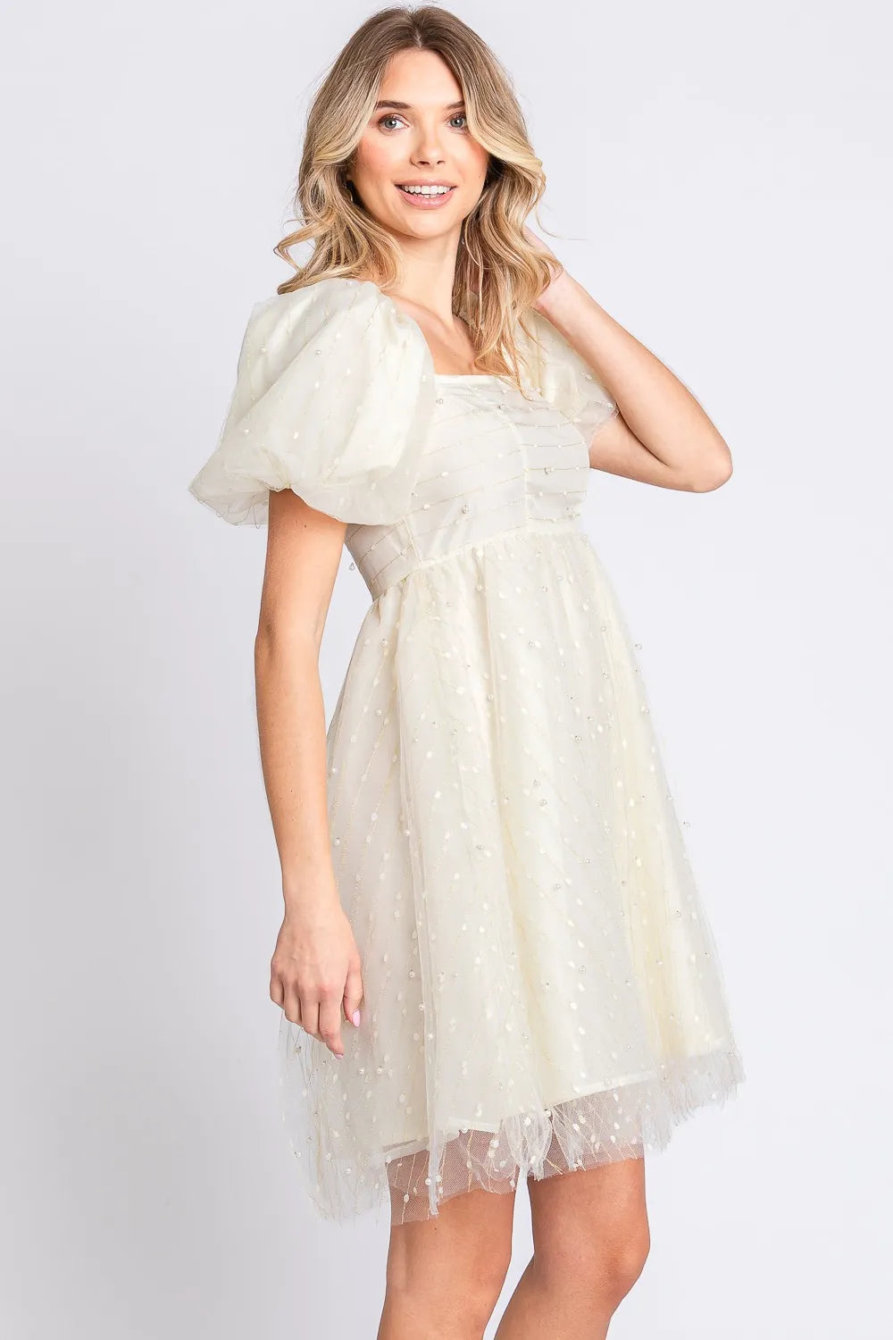 Image of GeeGee Pearl Mesh Puff Sleeve Babydoll Dress | Queeble.shop
