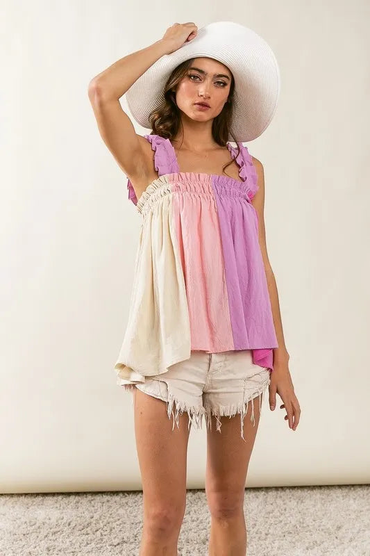 Image of BiBi Frill Shoulder Strap Color Block Bodice Top | Queeble.shop