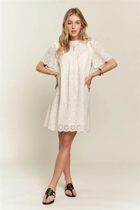 Image of ADORA Ruffled Eyelet Round Neck Dress | Queeble.shop