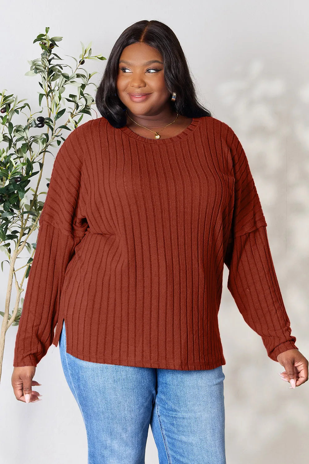 Image of Basic Bae Full Size Ribbed Round Neck Slit Knit Top | Queeble.shop