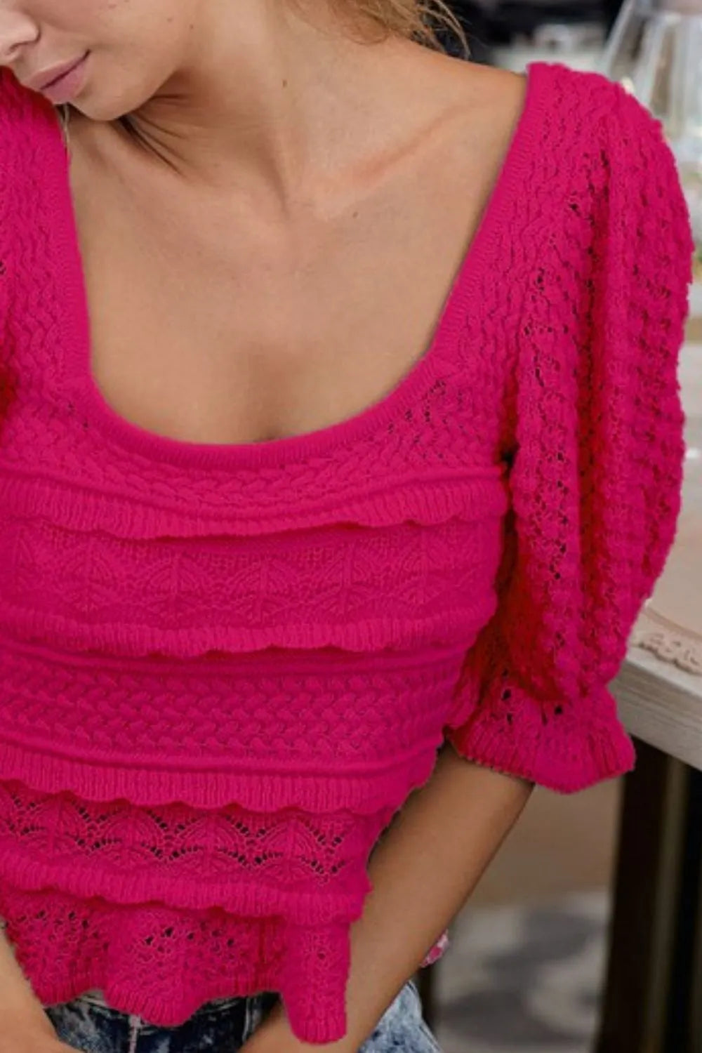 Image of BiBi Square Neckline with Puff Sleeve Crochet Top | Queeble.shop