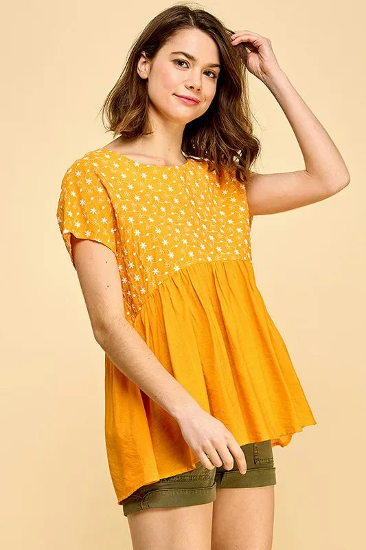 Image of Lime 'N' Chili Embroidered Short Sleeve Pleated Babydoll Top | Queeble.shop