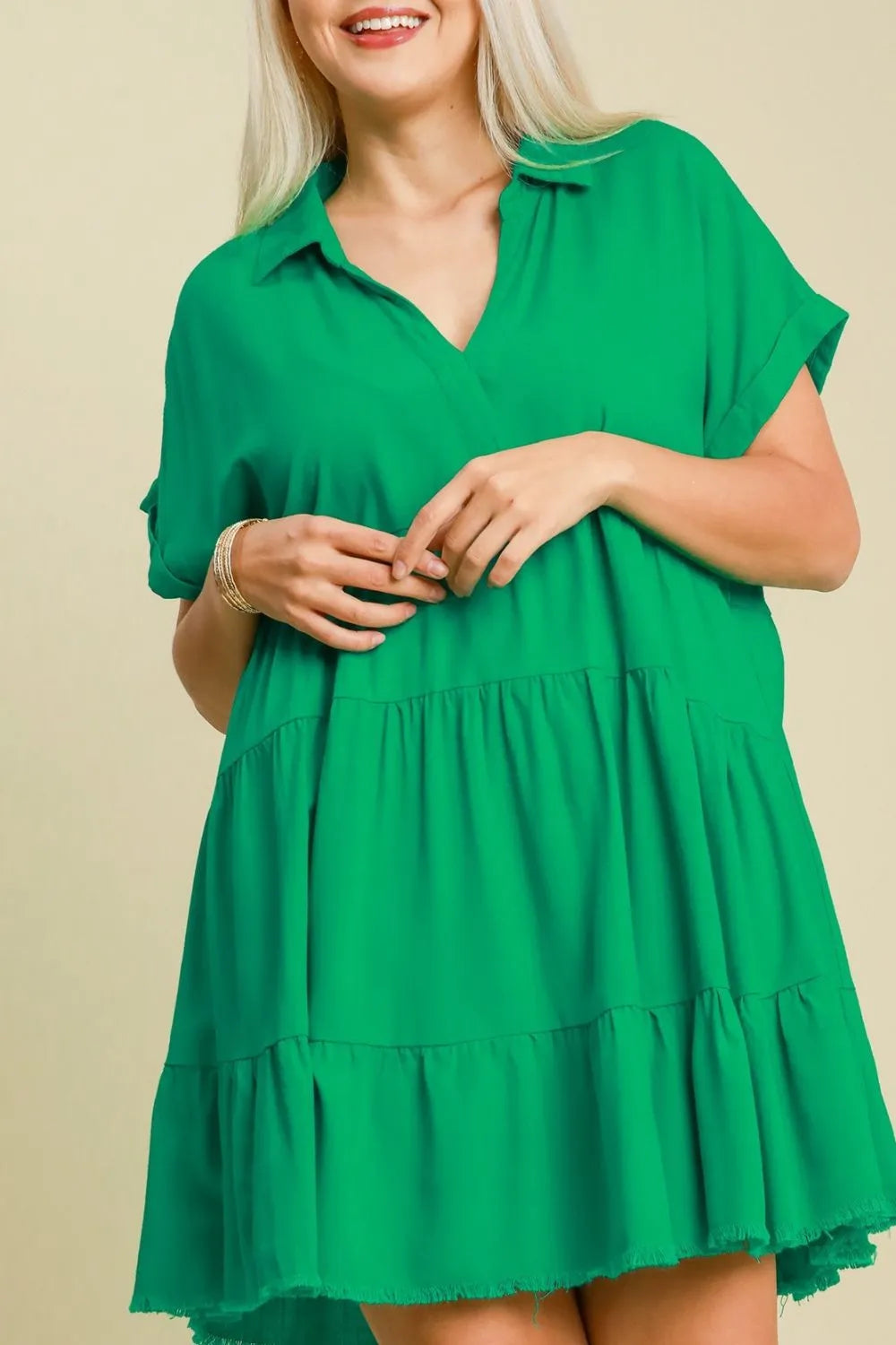 Image of Umgee Full Size Raw Hem Folded Sleeve Tiered Dress Plus Size | Queeble.shop