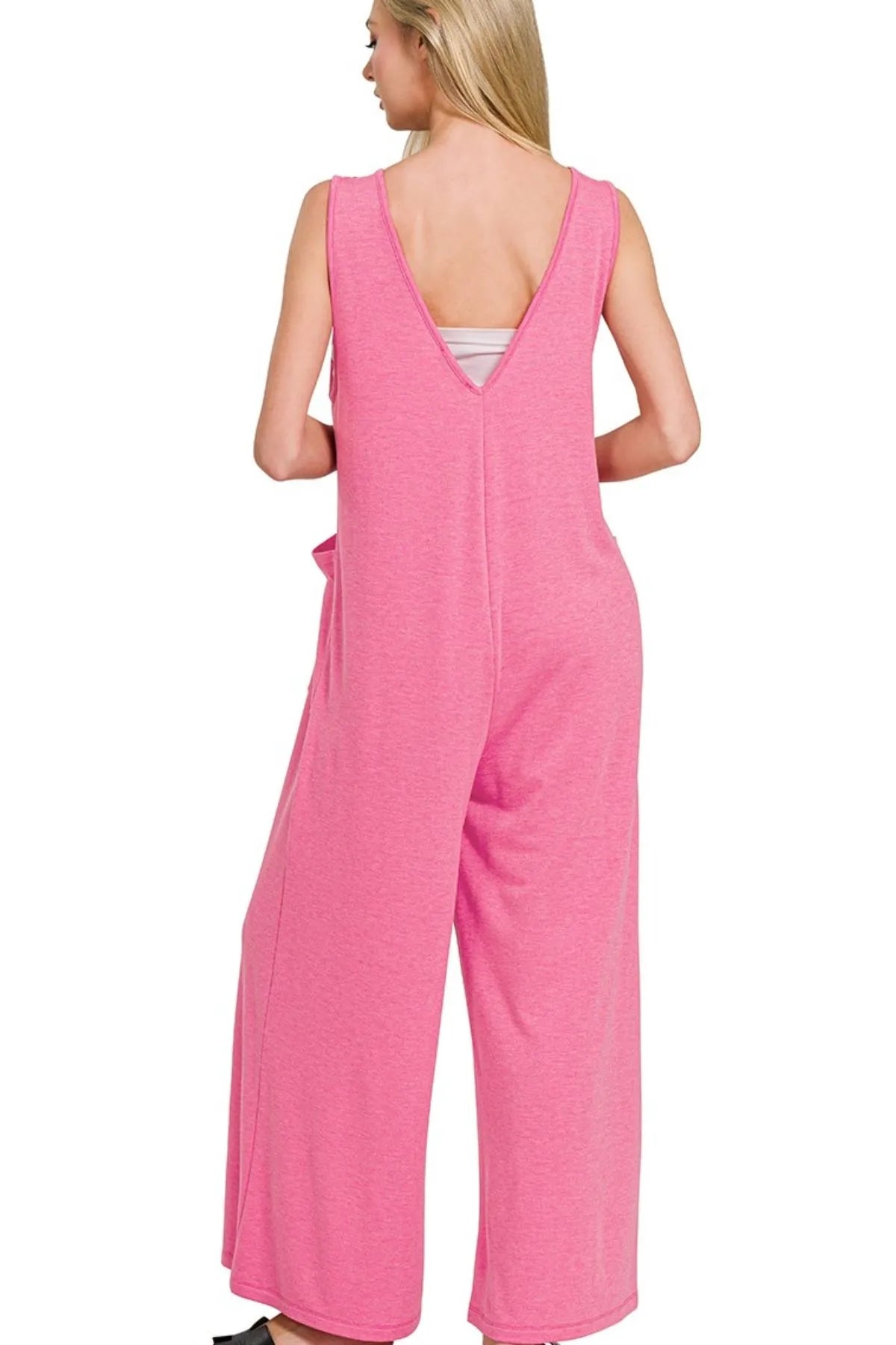 Image of Zenana French Terry Deep V Neck Jumpsuits | Queeble.shop