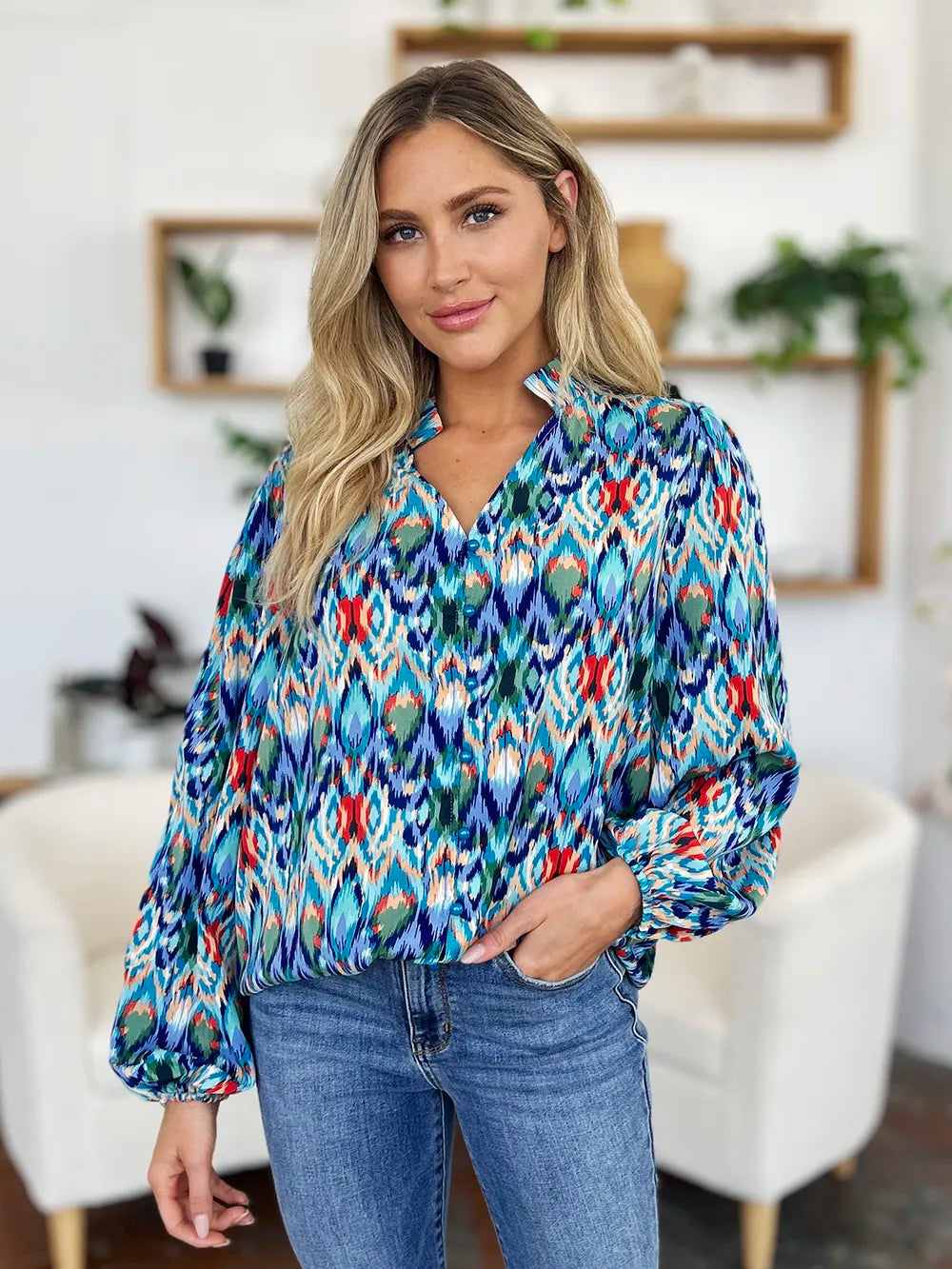 Image of Double Take Full Size Printed Balloon Sleeve Blouse | Queeble.shop